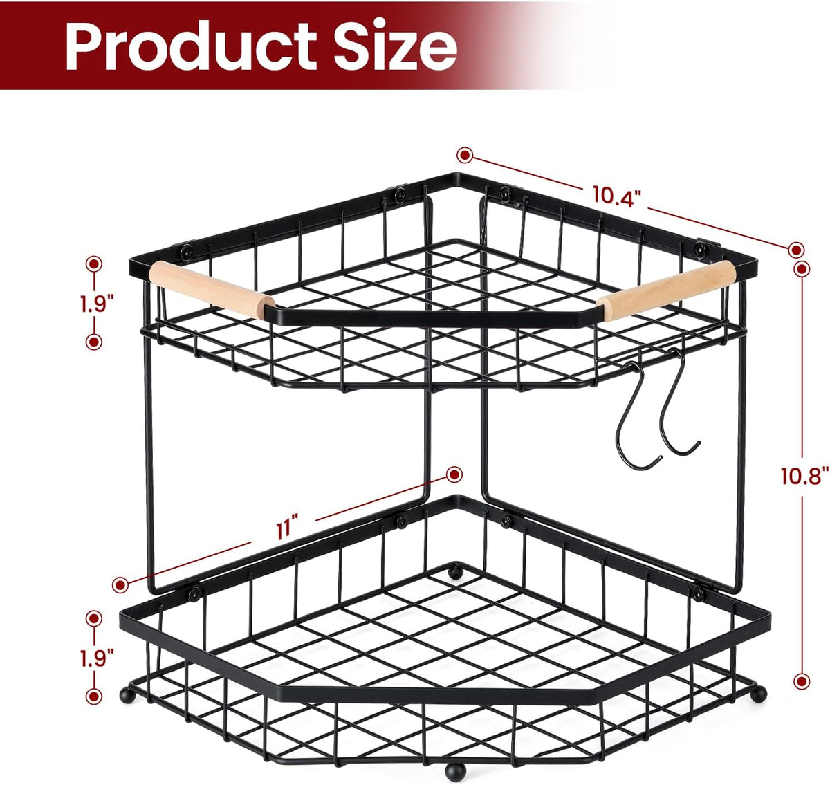 2 Tier Corner Fruit Basket for Kitchen Counter with Banana Hangers, Detachable Fruit Bowl with Wooden Handle, Metal Corner Rack for Fruit and Vegetable Storage, Kitchen Countertop Organizer