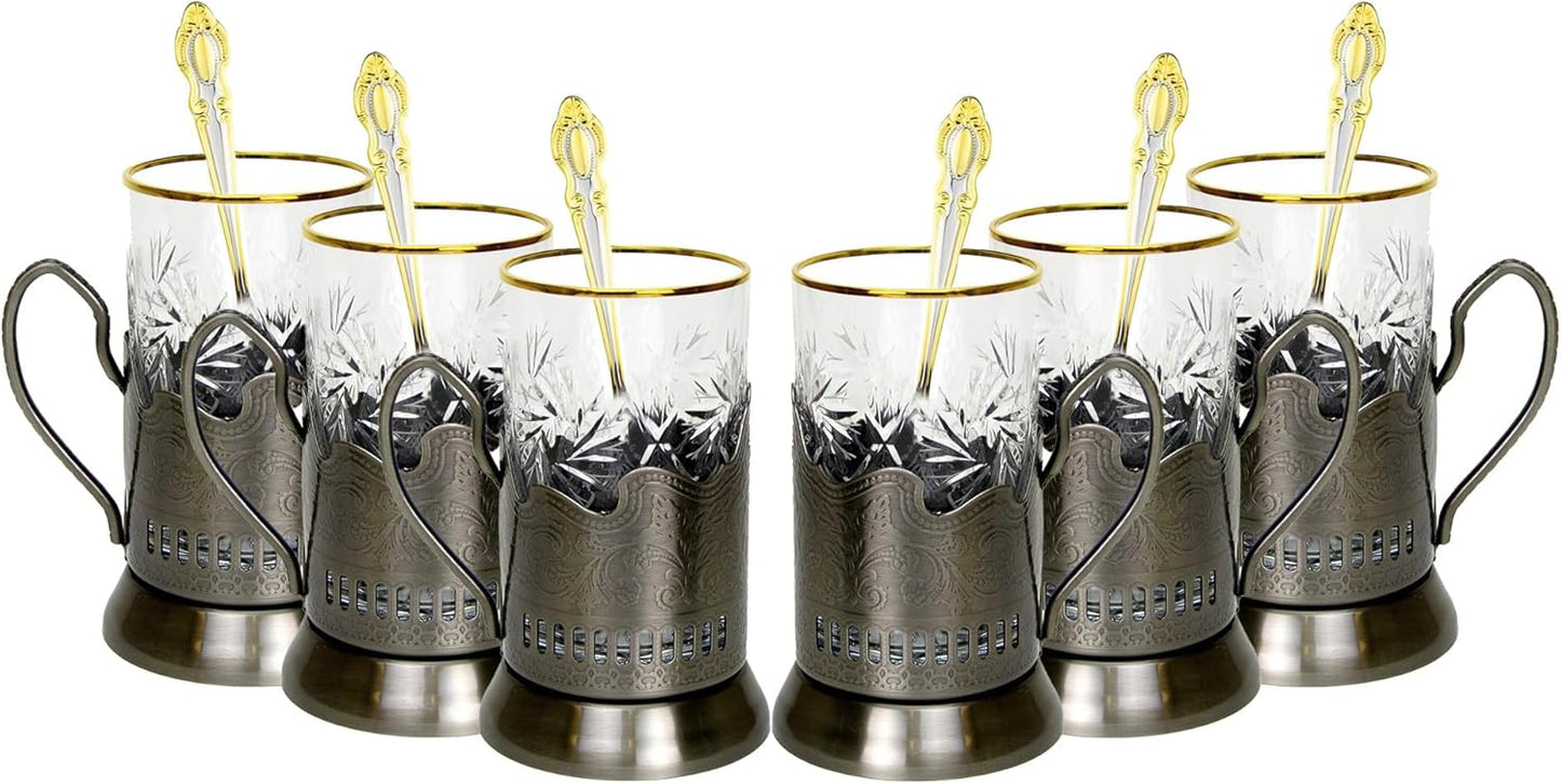 9-pc Russian Tea Set, 24 Karat Gold Banded Tempered Crystal Glasses with Metal Glass Holders with Handles and Matching Teaspoons Vintage Design (3 glass/spoon/holder)