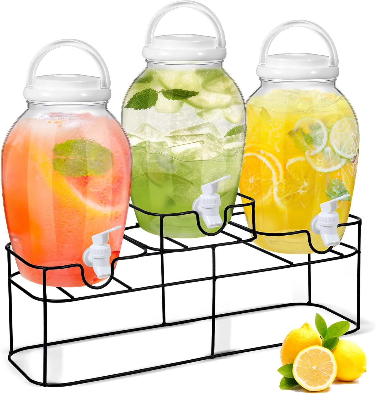 Tanlade 3 Pcs Plastic Drink Dispenser with Spigot and Metal Stand 1.2 Gallon Beverage Dispenser for Parties Juice Dispensers Lemonade Jar with Lids for Cold Drink Tea Water Container