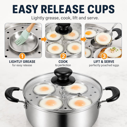Egg Poacher Pan, Egg Poacher, Stainless Steel, 4 Cups Egg Cooker, Tempered Glass Lid, Ideal for Kitchen, Visible Cooking, All Stovetops Compatible