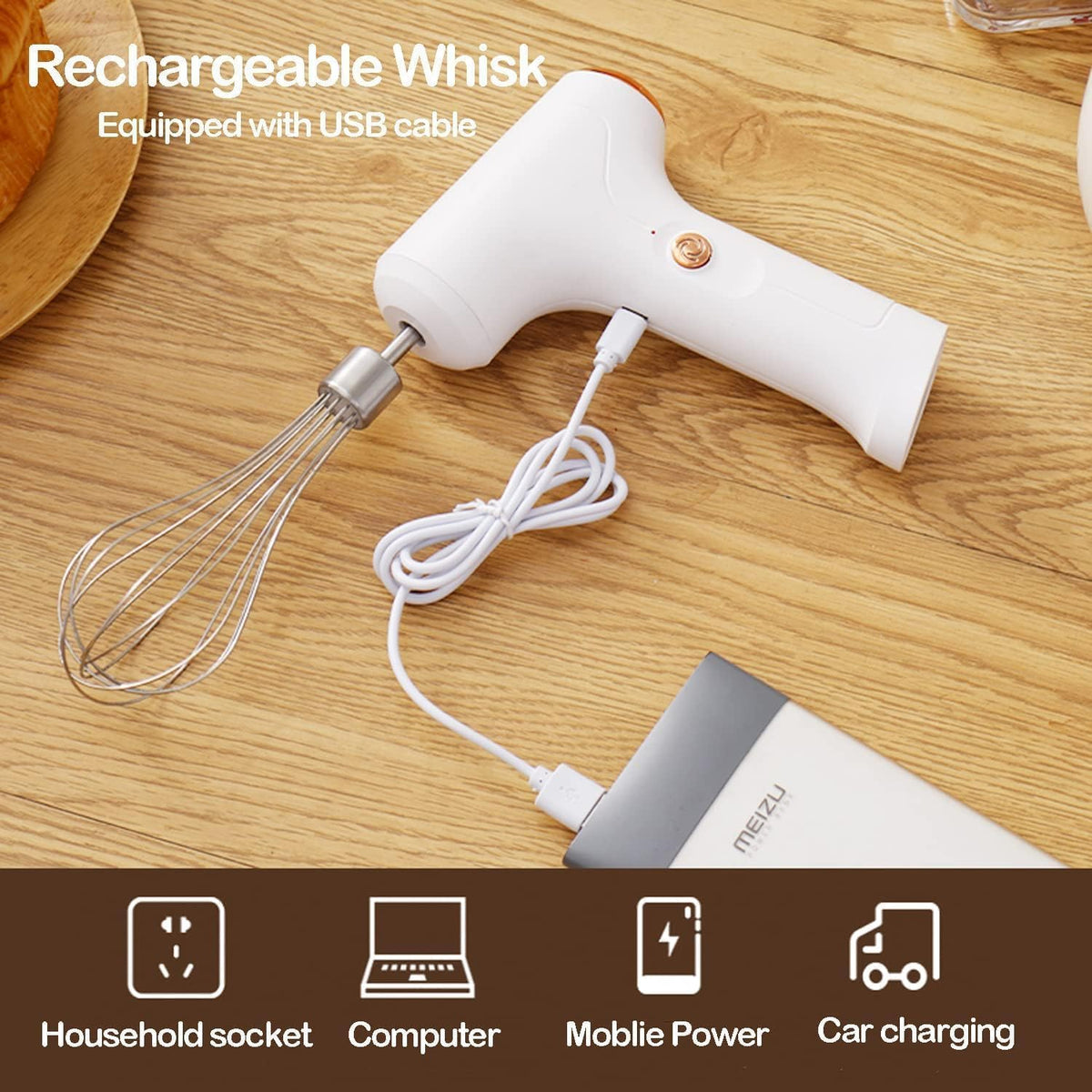 Electric Hand Whisk, USB Rechargeable, Wireless Portable Egg Beater with 2 Detachable Whisks with 3 Speed Modes for Eggs/Milkshake Cream/Butter/Baby Food, Fit for Kitchen/Camping/Gifts (Green)