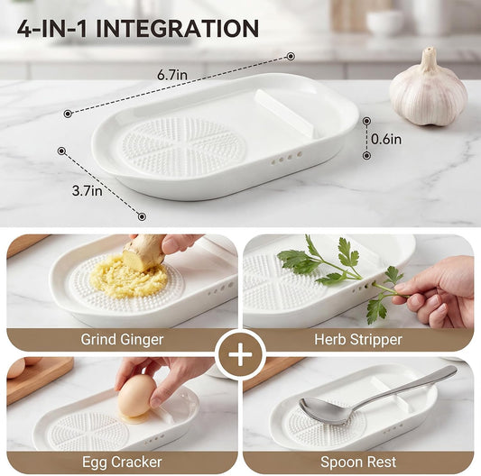 2 PCS Ginger Grater, 4 in 1 Ceramic Garlic Puree Grinder Plate with Brush and Clip