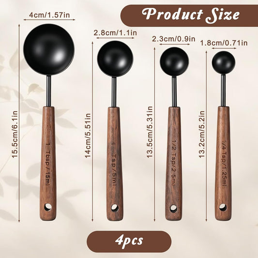 4 Pcs Wooden Handle Measuring Spoons, Black Stainless Steel Measuring Scoops Tablespoon Measure Cups for Kitchen Baking and Cooking (15ml, 5ml, 2.5ml, 1.25ml)
