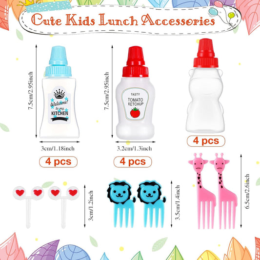 130 Pcs Bento Box Accessories for Kid Including 8 Pcs Plastic Portable Mini Ketchup Bottles 2 Pcs Bear Shaped Condiment Squeeze Bottle 120 Pcs Animal Food Picks for Salad Dressing Soy Sauce