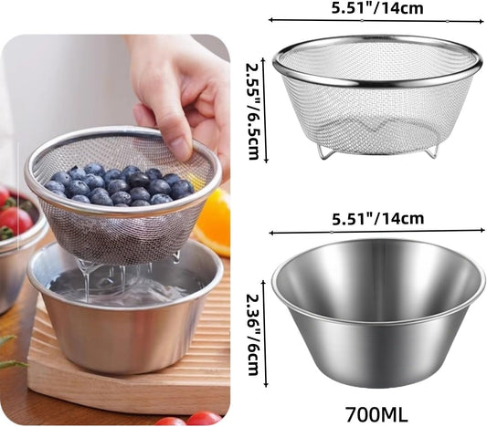 2 Pcs Mini Colander with Small Mixing Strainer Bowl 304 Stainless Steel Berry Basket for Washing Fruits, Vegetables, Rice - Dishwasher-Safe Kitchen Strainer (Silver, 5.51 x 2.36 inches)