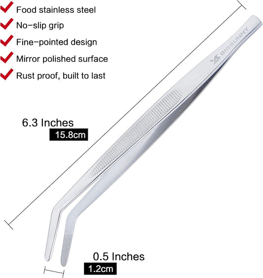 MSY BIGSUNNY Professional Chef Kitchen Cooking Precision Tweezers Culinary Curved Tip Tongs for Baking Decorating (1, 9.5")
