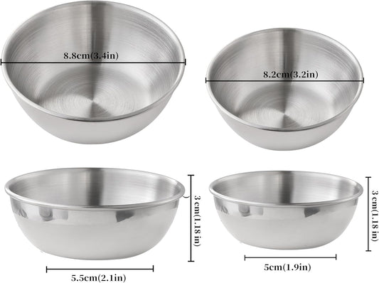 COKUMA 8 PCS Stainless Steel Mini Soy Sauce Dish, Small Individual Round Seasoning Bowls, Dipping Sauce Bowl, Ingredient Bowls for Prep Appetizer Plates, (4PCS 3.5 inch & 4PCS 3.2 inch)