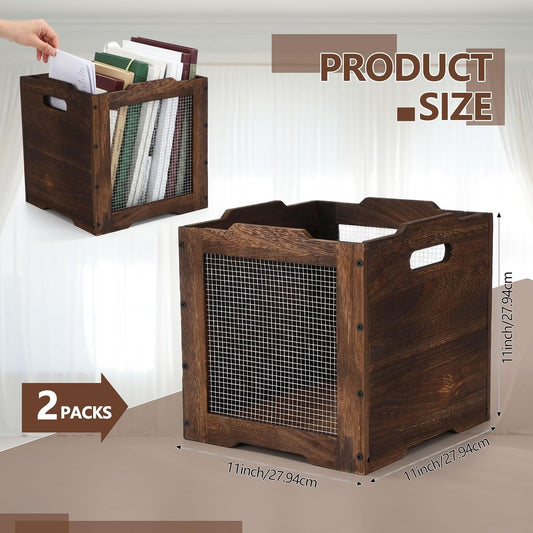 Amyhill 2 Pack Stackable Wood Storage Bins with Metal Wire and Handles 11 x 11 x 11 Inch, Wooden Storage Crate Basket for Shelves Pantry Cube Holder Book Fruit Vegetable Clothes Dark Brown