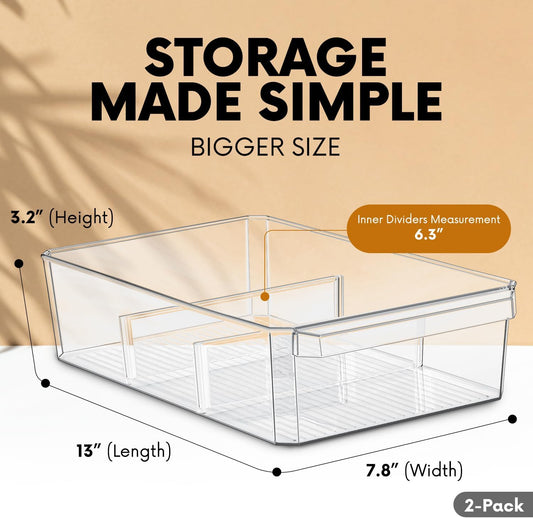 Clear Large Plastic Storage Bins with Removable Dividers, Pantry Organizers and Storage Containers Fridge Organizer Bin for Organizing Kitchen Under Sink Bathroom Refrigerator Organization Freezer