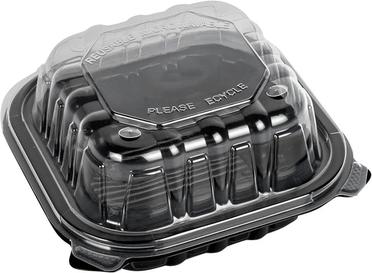 Thermo Tek 40 Ounce Clamshell Containers, 50 Disposable Take Out Boxes - 3 Compartments, Ventilated Lids, Black Plastic Meal Prep Containers, Microwavable, For Pasta Or Salads - Restaurantware