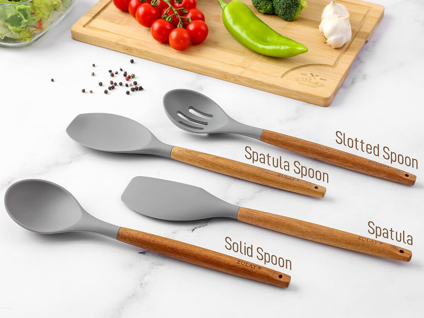 Zulay Kitchen Utensils Set Non-Stick Silicone Cooking Utensils Set with Authentic Acacia Wood Handles - 5 Piece Silicone Utensil Set - Kitchen Utensils Set with 464°F Heat Resistance - Gray