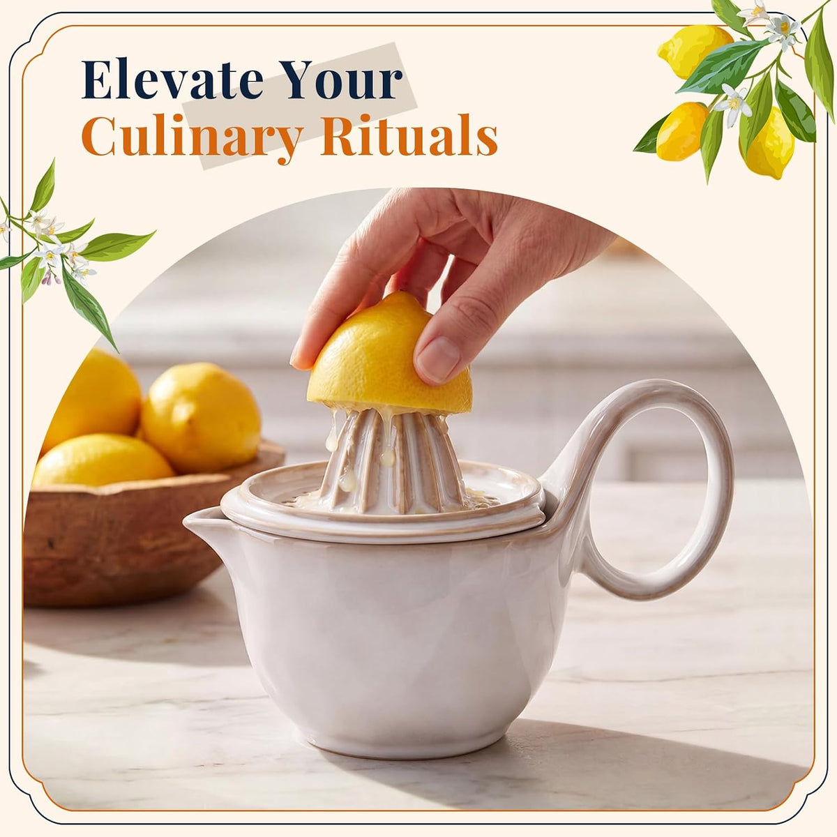 Sawysine Ceramic Lemon Squeezer Manual Citrus Juicer with Strainer Hand Press Lime Orange Reamer with 8.45 oz Cup Strainer Lid Spout Handle for Citrus Fruits Home Kitchen Bar(Classic,Dark Blue)