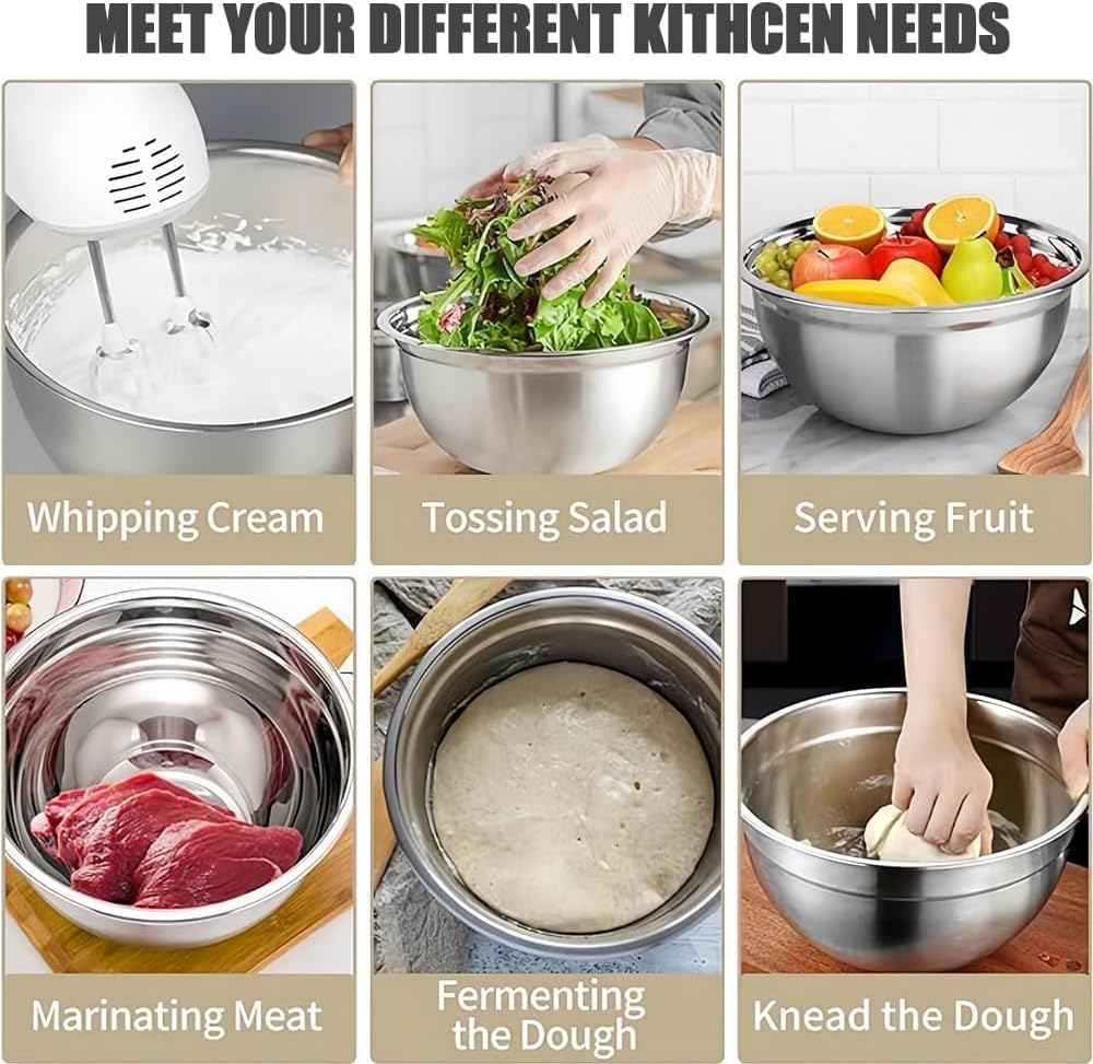 Mixing Bowls with Lids Set, Stainless Steel, 7 Sizes (0.7-4.5QT), with 3 Grater Attachments, Nesting, Dishwasher Safe, for Cooking, Baking and Serving (Khaki-7 Sizes)