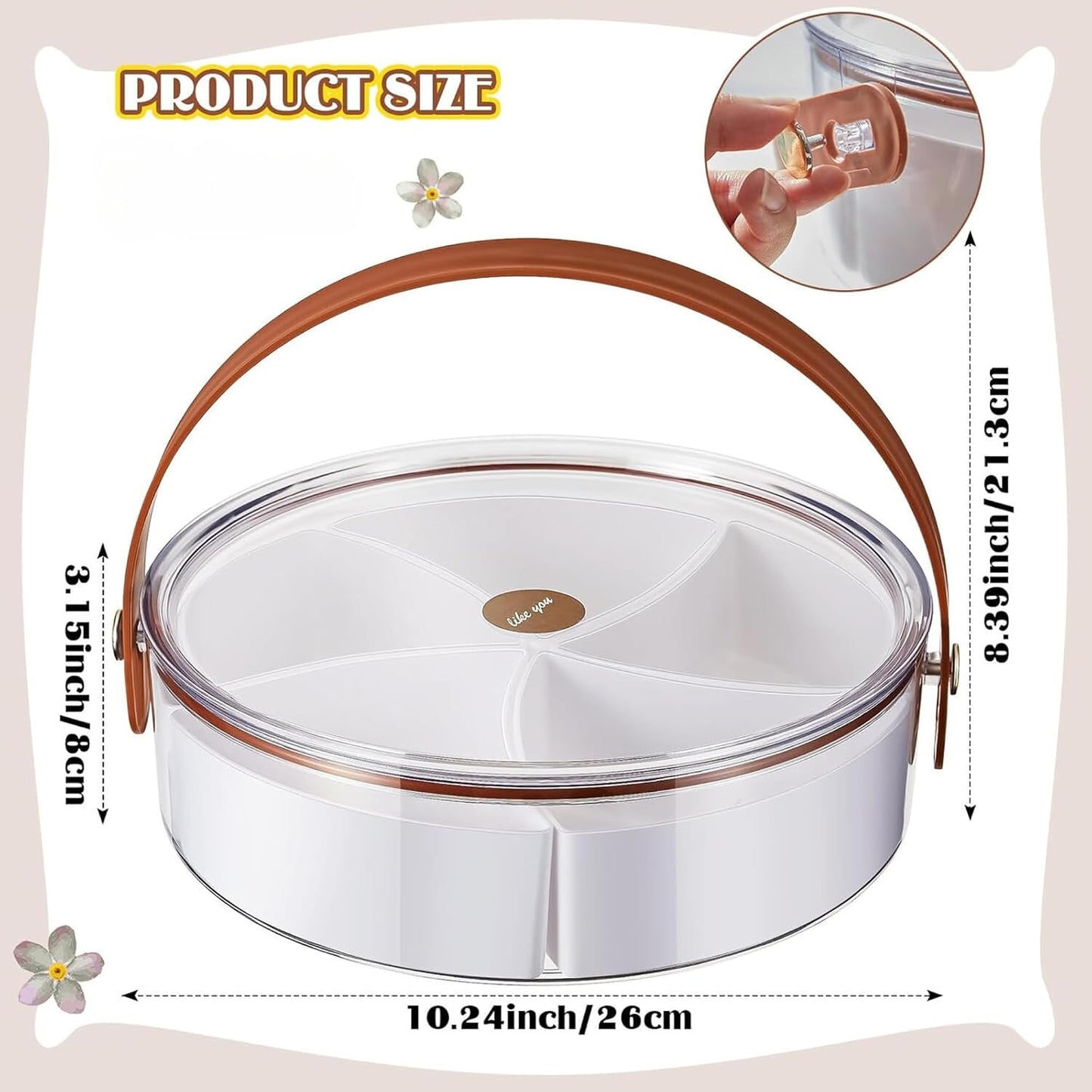 Round Plastic Divided Snack Box with Lid & Handle – Snackle Box Container for Fruits, Veggies, Candy, Travel, and Party Serving.