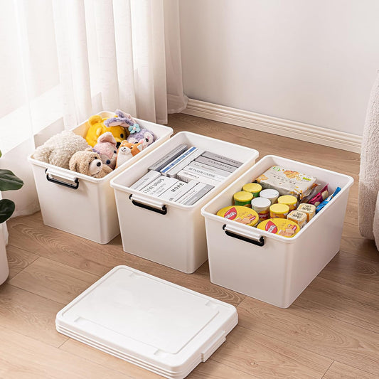 3 Extra Large Storage Bin with 4 Quiet 360° Swivel Casters - 55cm Heavy Duty Organizer with Snap-On Lid, Dust-Proof Moisture-Proof, Stackable Design for Living Room, Bedroom, Study