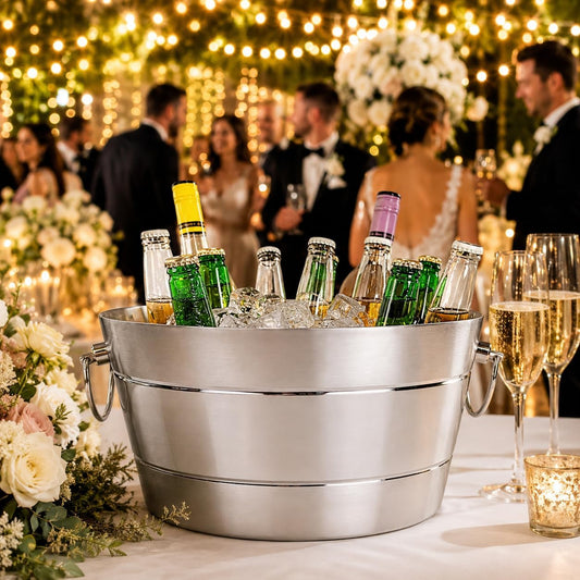 BREKX Stainless Steel Ice Bucket for Parties, Double Wall Insulated Anchored Brushed Drink Tub & Wine Bucket with Double Hinged Handles, Drink Chiller for Parties, 12QT (3 Gallon), 100% Leak Proof