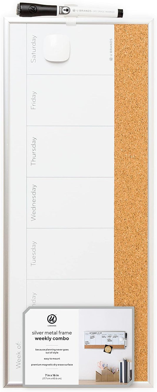 U Brands Magnetic Dry Erase Weekly Calendar White Board With Cork Strip, 18" x 7.5", Silver Aluminum Frame, Includes Magnet, Marker