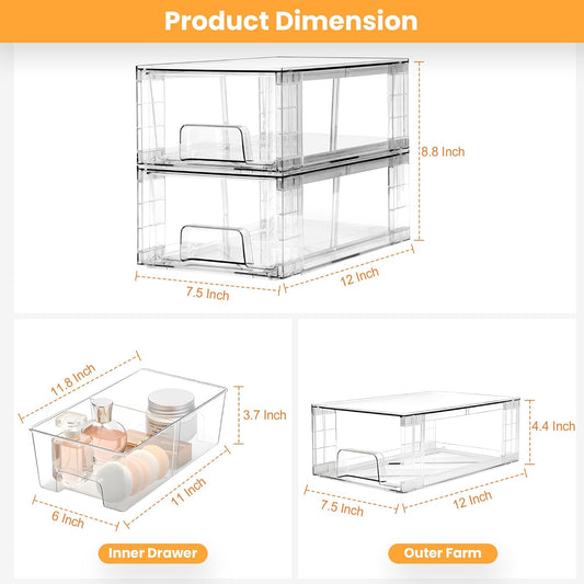 6 Pack Stackable Storage Drawers,Plastic Organizers Bins, Drawers Storage with Handles and Movable Dividers for Organization and Storage in Fridge,Bathroom, Pantry, Kitchen Cabinets, Under Sink