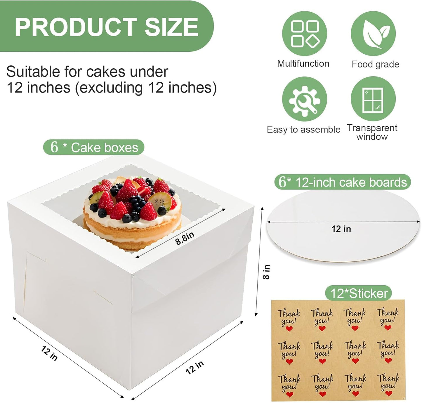2 Pack Cake Boxes, 12x12x8 Inches Tall Cake Box with Cake Boards, White Bakery Boxes with Large Window, Disposable Cakes Transport Containers with Lids, for Cookies, Pies, Wedding, Birthday