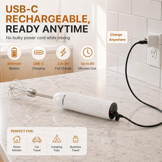 Handheld Electric Egg Beater Whisk,2-Speed USB-C Rechargeable Portable Wireless Balloon Whisk for Eggs, Milkshake Cream, Butter, Baby Food Fruits, Sauces and Soup for Kitchen,Camping Baking - White