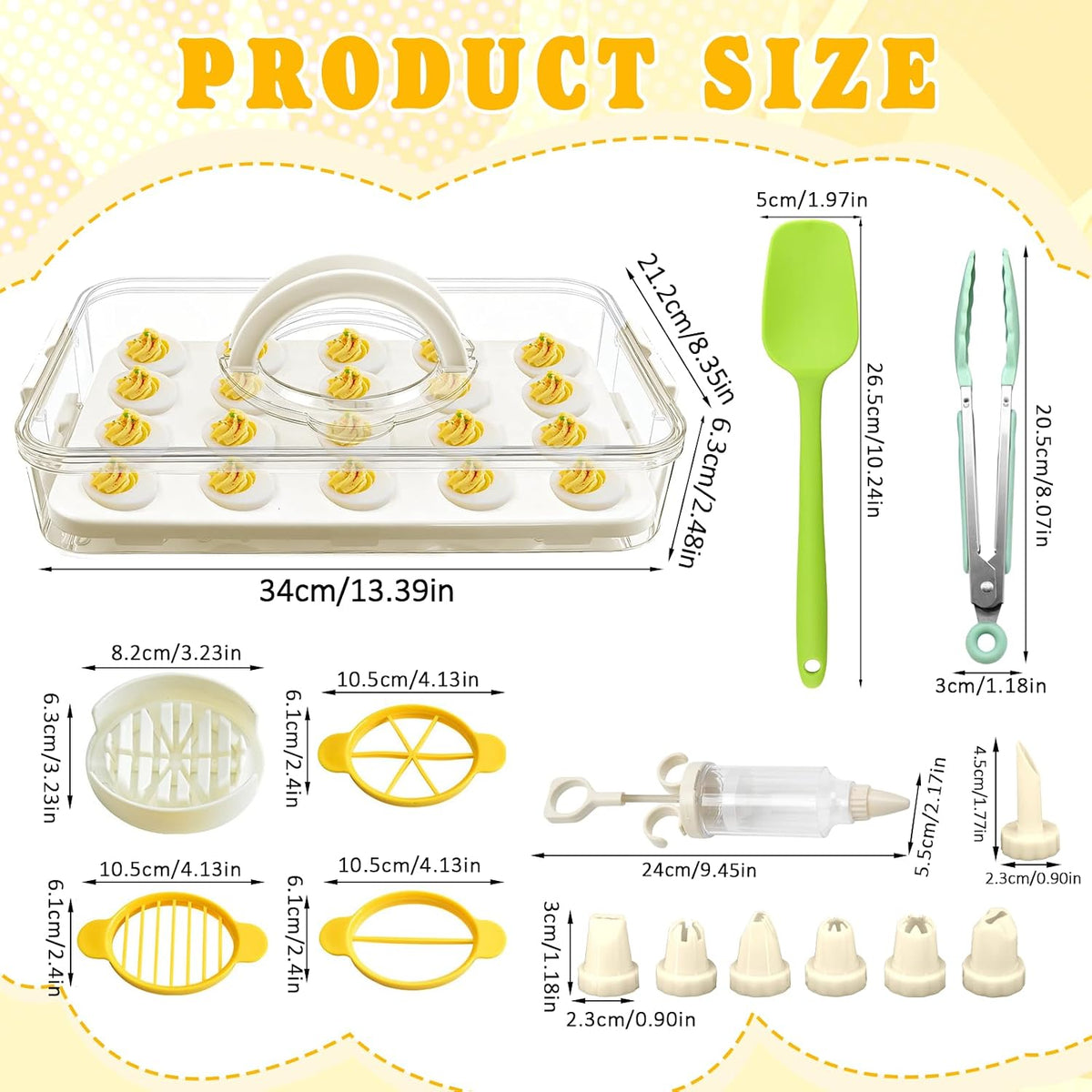 Deviled Egg Containers with Lid & Handle (2 Layer Snap-on) PET Thickened Eggs Holder Inc Egg Slicer Kitchen Tongs Silicone Spatula and Piping Decorating Kit,for Festival Party Brunch