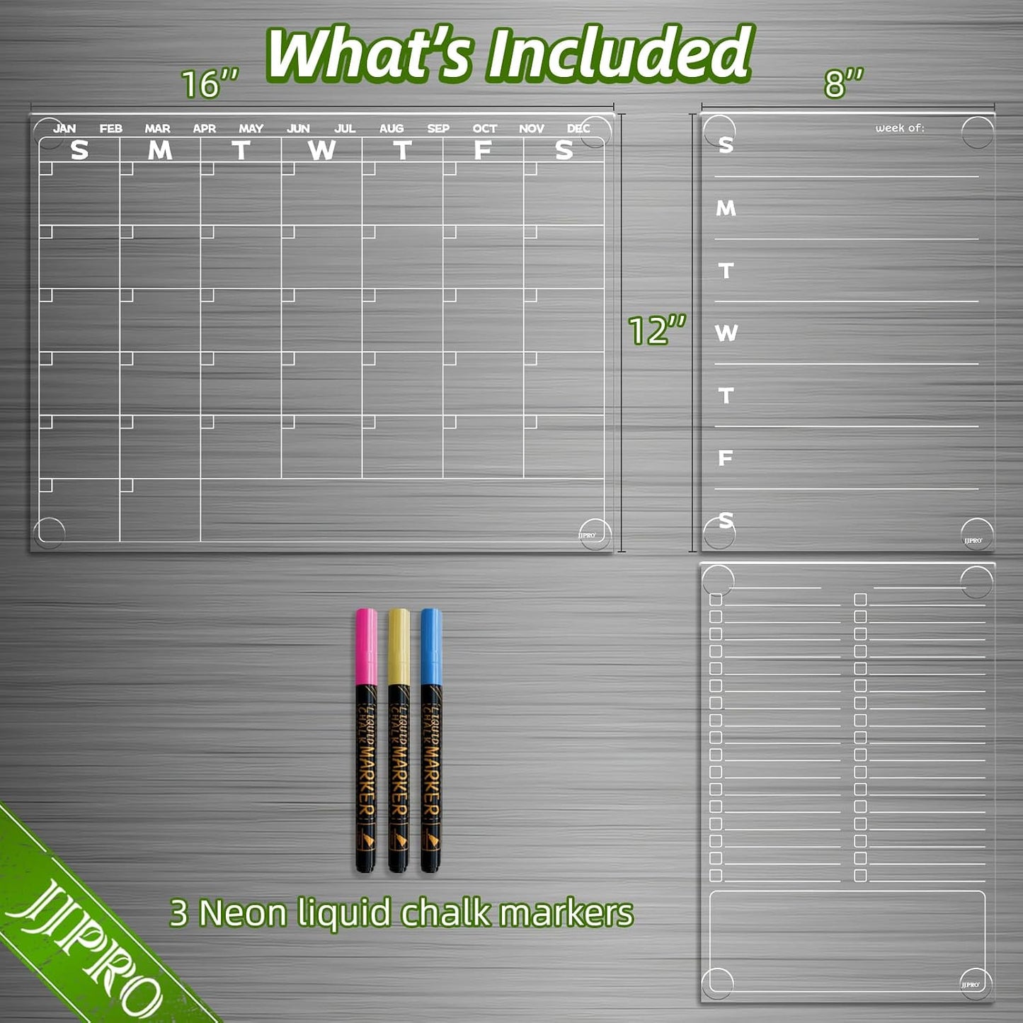 JJPRO Non-Magnetic Dry Erase Calendar for Fridge, Clear Monthly Calendar, Weekly Daily Meal Board Bundle -Starts Sunday,12"x16" Clear Reusable Calendar Stick to Fridge,Wall, All Smooth Surfaces