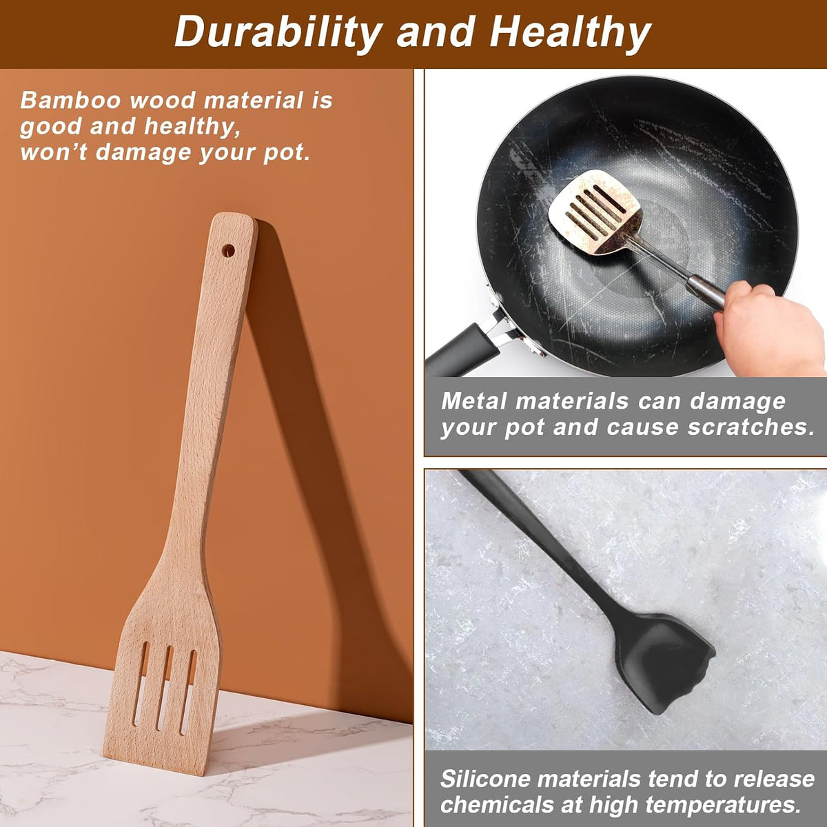 Eisinly 7-Piece Wooden Cooking Spoons, Natural Bamboo Utensil Set