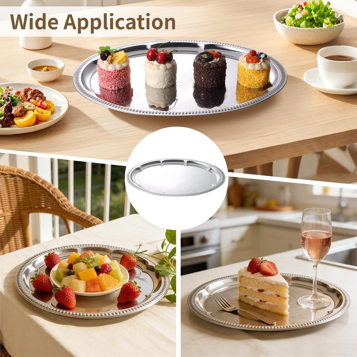 6 Pcs Silver Serving Tray, Large Serving Tray Set for Parties, Events, Stainless Steel Oval Floral Engraved Tray with Polished Surface, Food-Safe, 15.7x11.8 in