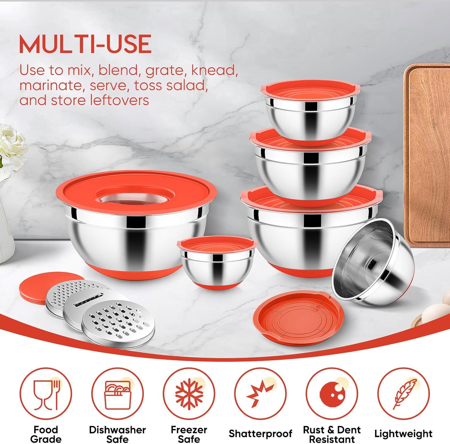 E-far 25PCS Mixing Bowls with Lid Set, Stainless Steel Nesting Prep Bowls with Grater Attachments Non-Slip Bottoms for Cooking, Serving, Food Storage, 4.6/2.6/2/1.5/1/0.7QT - Khaki