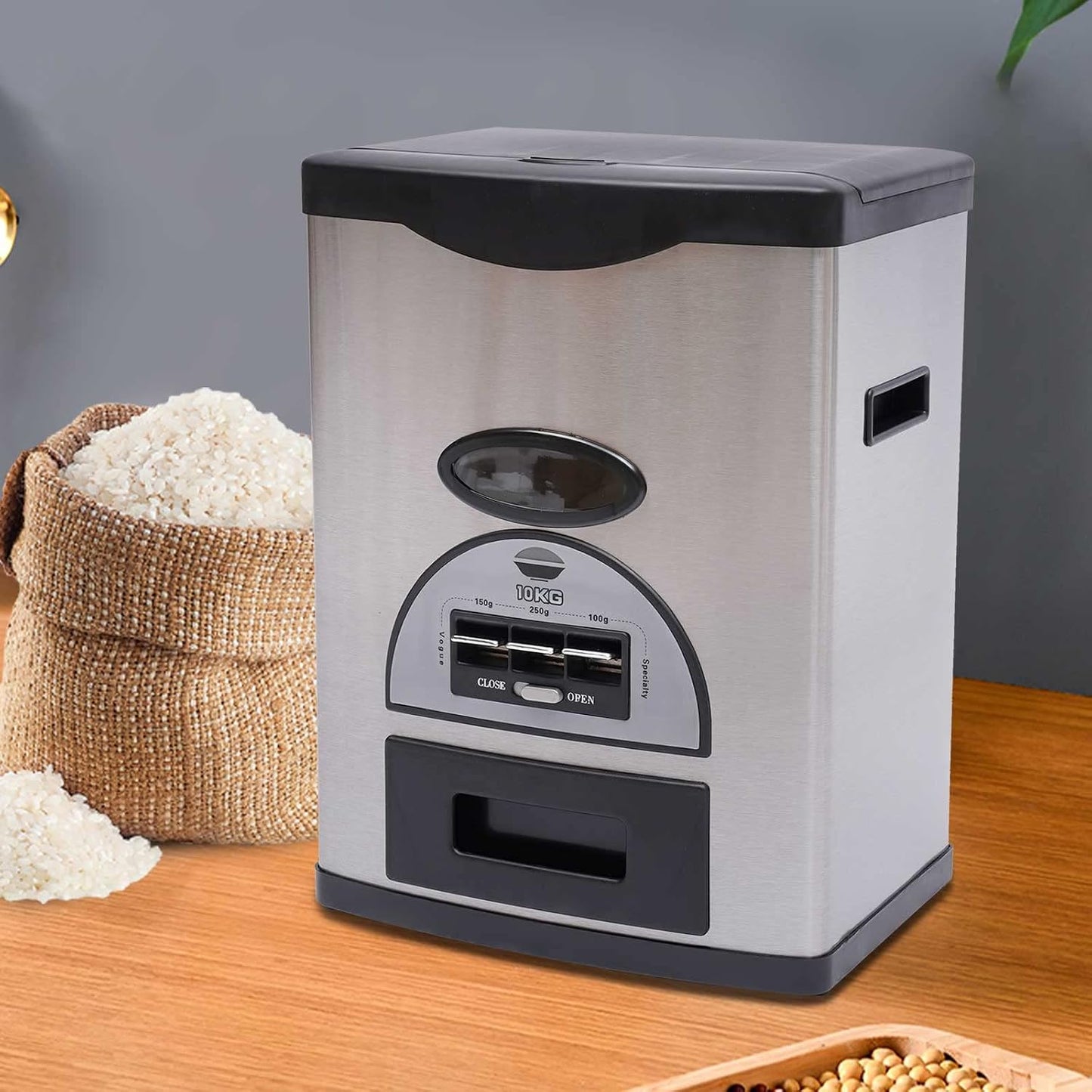 Auto Rice Dispenser Container,10KG Stainless Steel Rice Storage Container,Black Dispenser Three Gears Measuring Rice Storage for Home,Kitchen,Dining