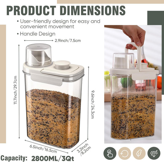 Maxdot 2 Pcs Bird Seed Storage Container 3 Qt/2.8 L with Tight Lids Airtight Cup Pet Food Storage Measuring Containers Lids with Pouring Spouts for Macaws African Grey Cockatoos (Beige)