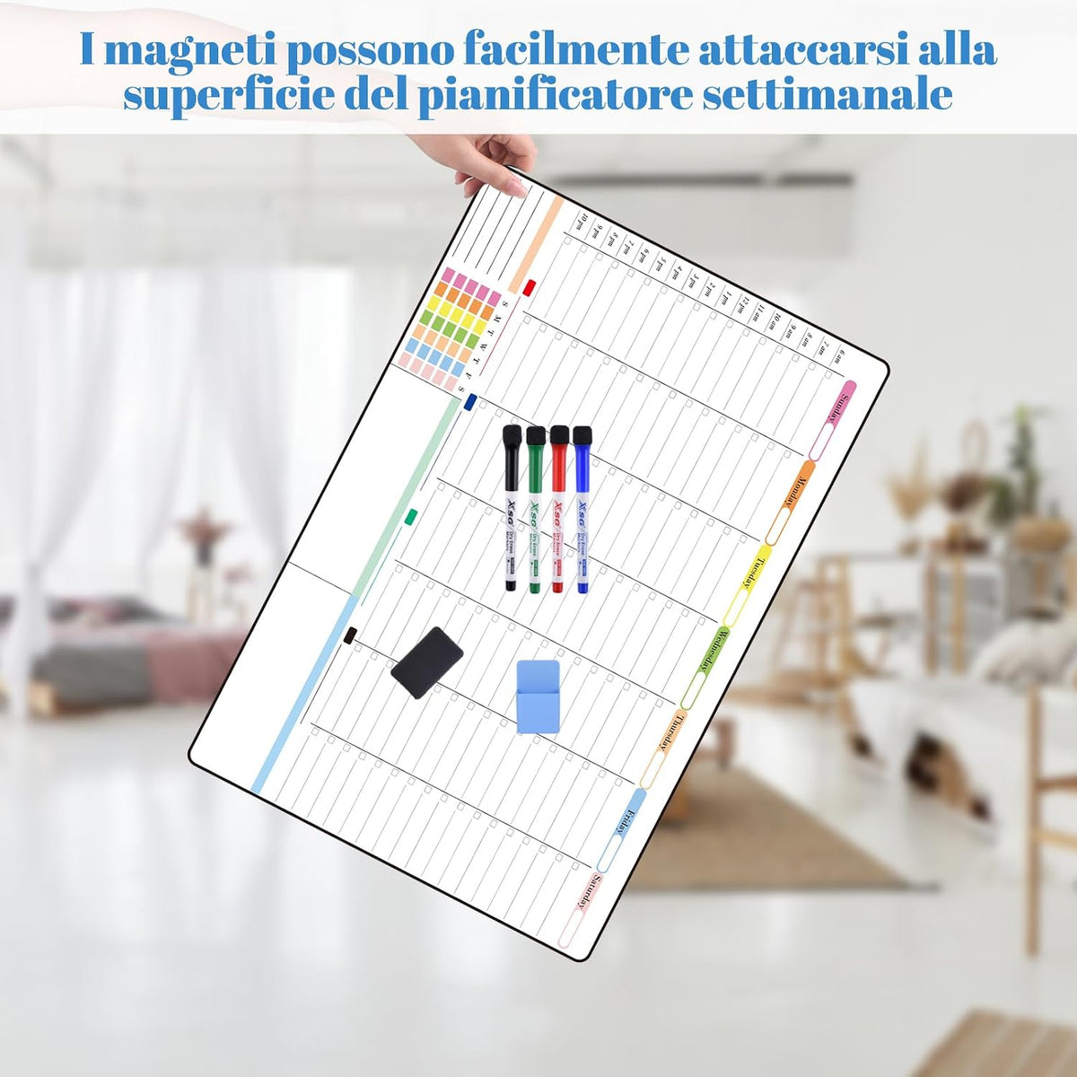 POPRUN Dry Erase Weekly Calendar Whiteboard, Magnetic Hourly Schedule Board | 16.9 x 11" Weekly Planner for Fridge, Time Slots, Family Daily Planning for Refrigerator, Homeschool, Work