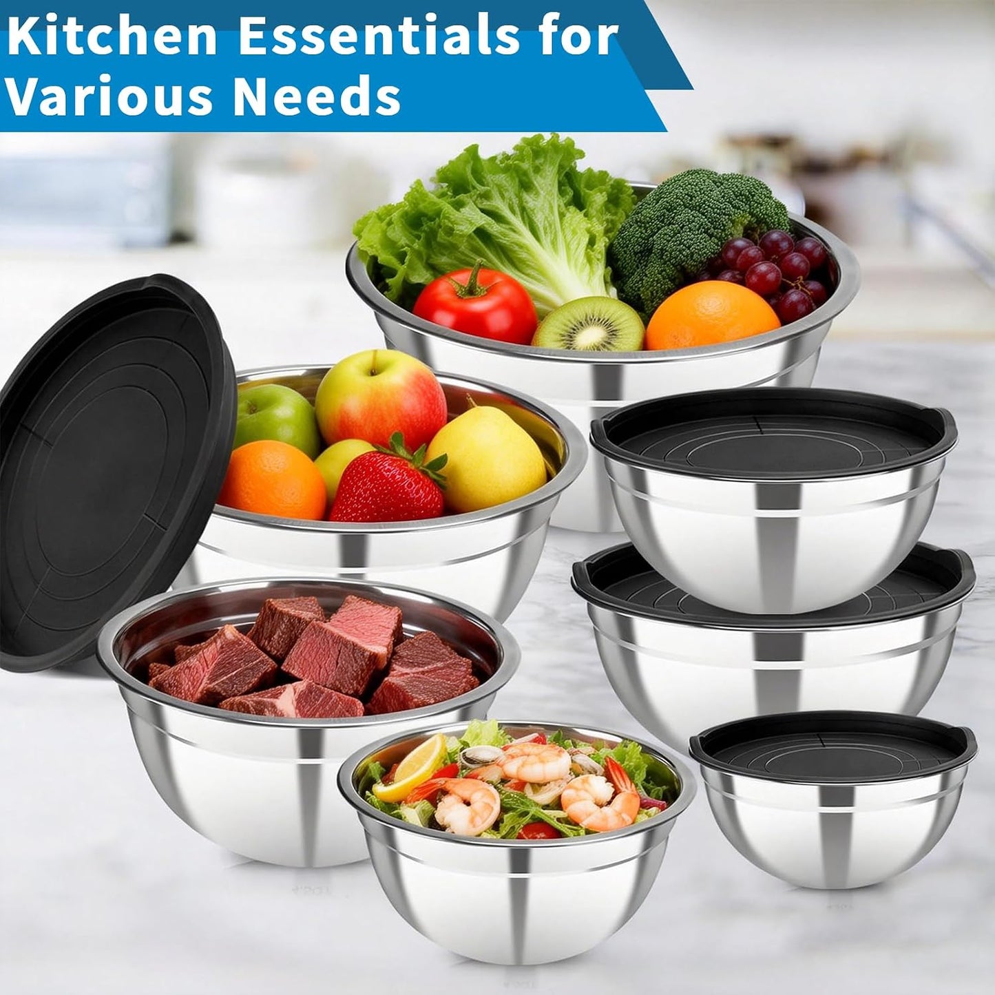 Stainless Steel Mixing Bowls with Lids Set, 7 Pcs Nesting Design Metal Mixing Bowls Salad Bowl for Mixing, Prepping and Serving Food(Size4.5-0.7QT)