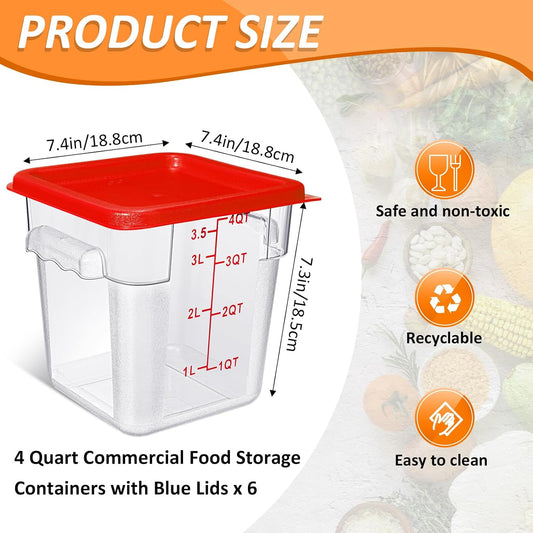 Yungyan 6 Pcs Commercial Clear Food Storage Containers 4 Qt Square Acrylic Airtight Food Storage Containers with Lids for Kitchen Restaurant Pantry Freezer Flour Sugar(Red)