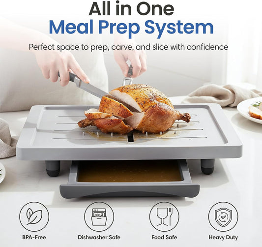 Karving King Large Cutting Board with Juice Groove, Drip Tray & Spikes