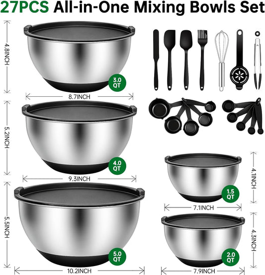Deedro Premium Mixing Bowls with Airtight Lids Set, 22Pcs Thicker Stainless Steel Mixing Bowl Set, Large Prep Metal Bowls, Non-Slip Silicone Base Nesting Bowls for Kitchen, 1.5/2/3/4/5 QT, Black