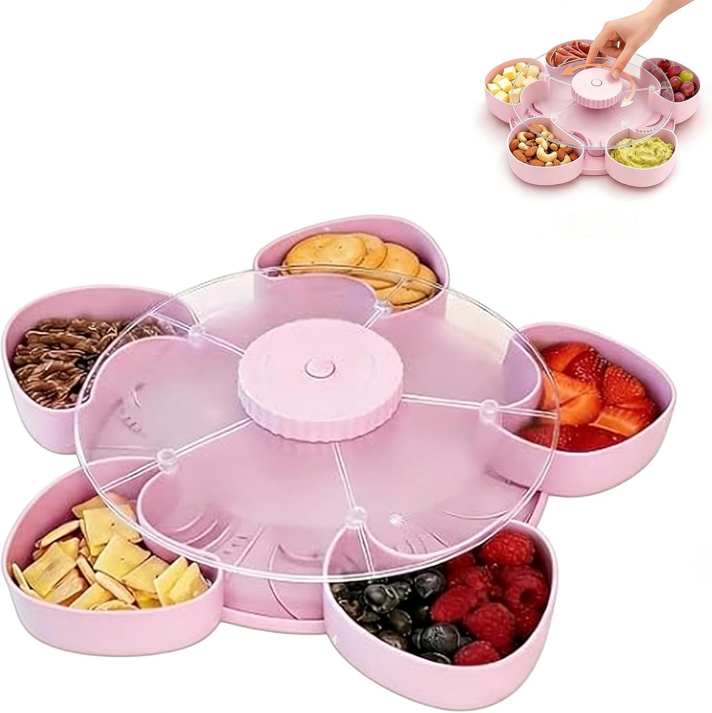Divided Serving Tray that Spins with Lid, Rotating Snack Tray with 5 Compartments, Divided Spin and Snack Serving Tray, Snack Organizer for Fruit, Nuts, Candy, Veggies, Party Appetizers (Gray)