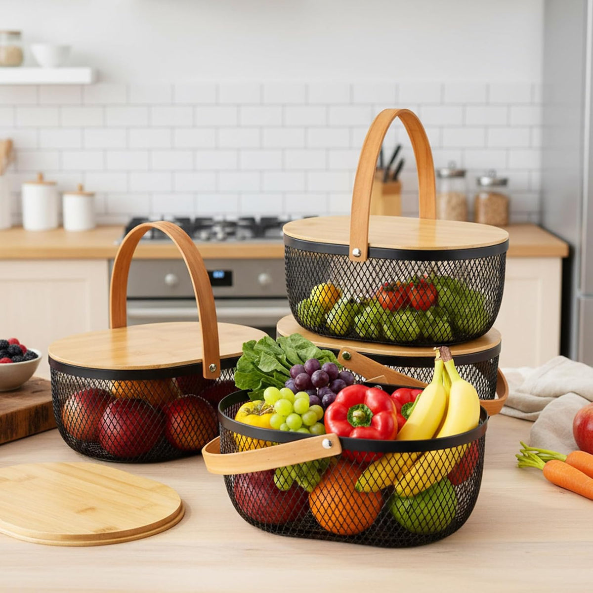 4 Pcs Stackable Metal Mesh Fruit Basket with Lid Oval Wire Mesh Storage Basket with Handle 10 x 7 x 3.9 Inch Stackable Wire Baskets Pantry Organizer for Fruit Vegetable Kitchen, Black