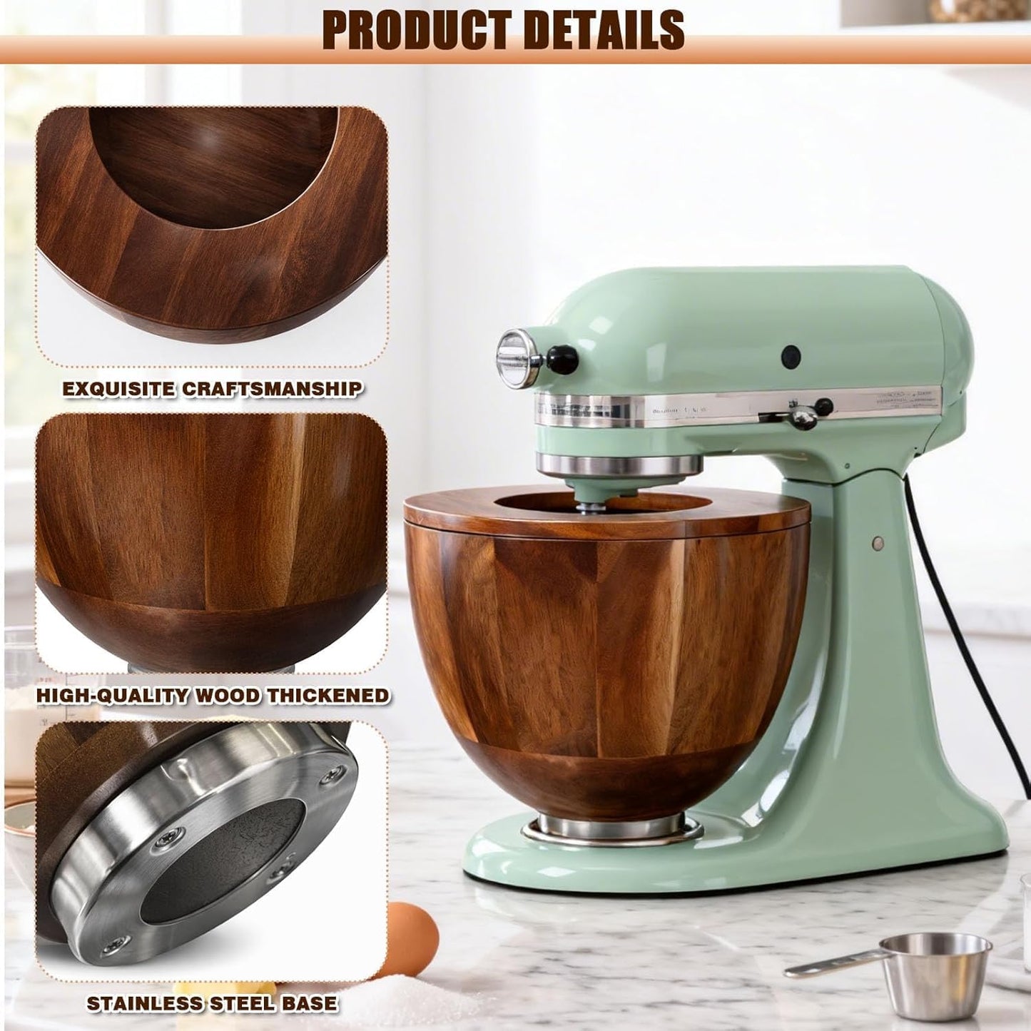 LOVIVO Premium Acacia Wood 5 Quart Mixing Bowl with Splash-Proof Lid, Compatible with KitchenAid 4.5-5 Qt Tilt-Head Stand Mixers, Wooden Bowl for Stand Mixer with Stainless Steel Locking Base
