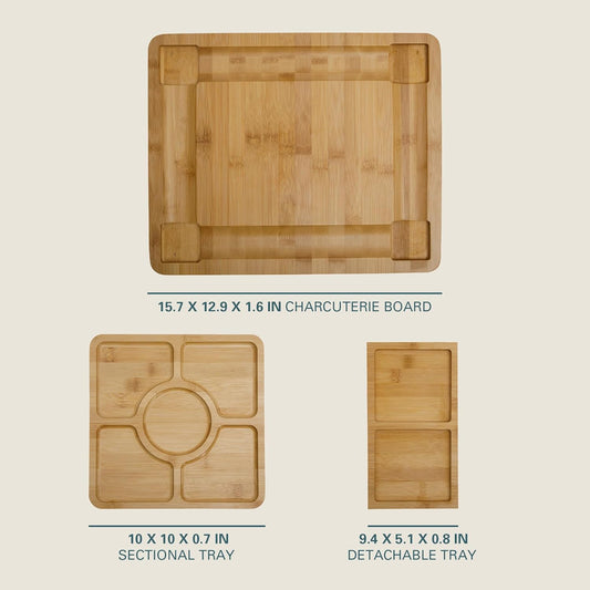 Gibson Home Rustic Inspirations 18-Piece Bamboo Charcuterie Board Set for Serving – Large Cheese & Fruit Tray with Hidden Drawer Ceramic Bowls Utensils – Gift for Entertaining Housewarming Holidays