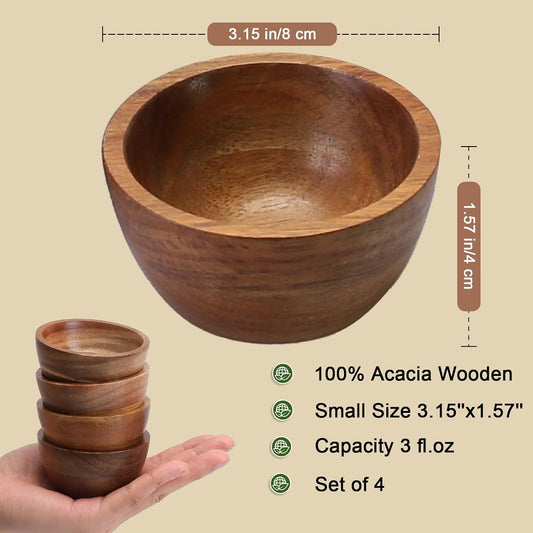 Acacia Wooden Bowls Set, Small Pinch Bowls for Sauces/Dips/Condiments, Mini Serving Bowls for Snacks/Appetizers/Side Dishes/Charcuterie Board, 3 oz Wooden Ramekins, Handmade Reusable, 4 pcs