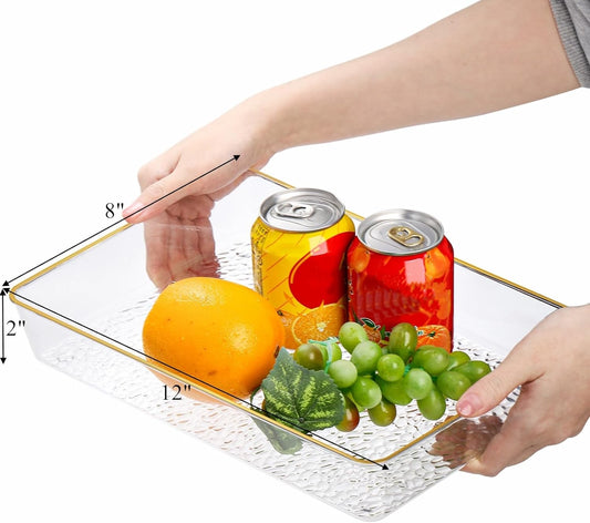 Cididu 4 Pack Clear Serving Trays, Deep Serving Platters Rectangle 12'' x 8'', Decorative Tray with Gold Rim, Reusable Plastic Tray Organizer for Coffee Table Pantry Party Food Display Spill Proof