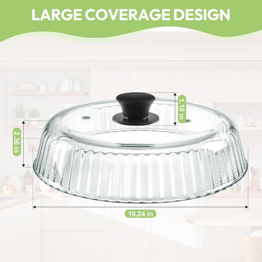 Glass Microwave Cover for Food, 10 Inch Heat Resistant Splatter Guard Lid with Silicone Mat & Vent Holes, Borosilicate Glass Dishwasher Safe, BPA-Free No Plastic