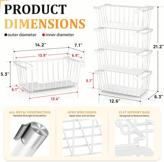 SUNALLY Stackable Storage Bins 4 Pcs Wire Baskets for Pantry Organizers and Storage, Vegetable Fruit Storage Basket for Countertop Organizer,Kitchen Baskets for Onion Potato Snack Cans Storage,White
