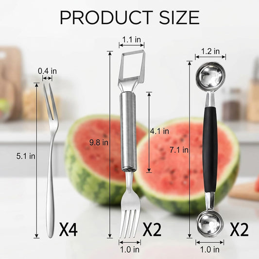 8PCS Melon Baller Scoop Set, Watermelon Slicer Cutter Tool with Fruit Fork, Stainless Steel Kitchen Utensil Set for Fruit Preparation, Includes 4 Fruit Forks and 4 Watermelon Slicers