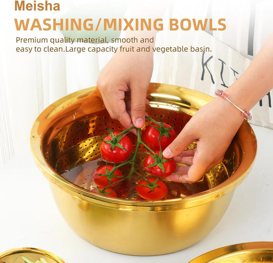 DOCBLACK Colander, 3Pcs Stainless Steel Kitchen Tool 3 in 1 Drain Basket Fruit and Vegetable Cutter Strainer Bowl Set Drain Pot Basket Grater for Fruits Vegetables Rice Washing Mixing - Gold