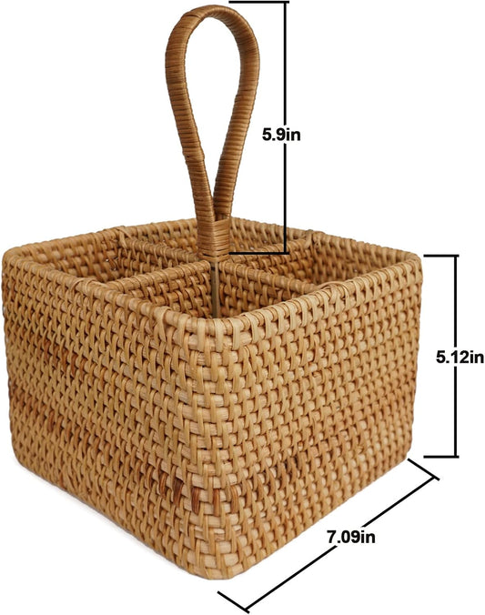 Natural Wicker Utensil Caddy with Built-in Handles,Wicker Silverware Caddy with 4 Compartments,Spoon Cutlery Holder Utensils Organizer,Condiment Organizer Silverware Holder(7.09 * 5.12 inch)