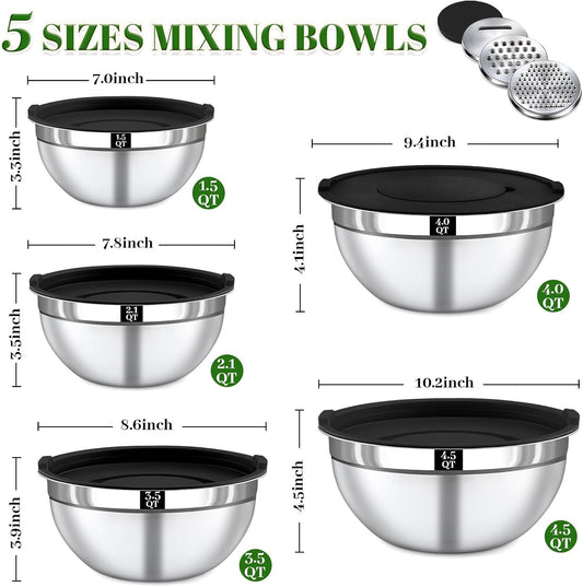21PCS Mixing Bowls with Lids Set - 7 Nesting Mixing Bowls, 3 Graters, 11 Baking Tools, Lids, Stainless Steel Mixing Bowls for Mixing & Baking, Size 0.7/1.1/1.5/2.1/3.5/4/4.5 QT, Black