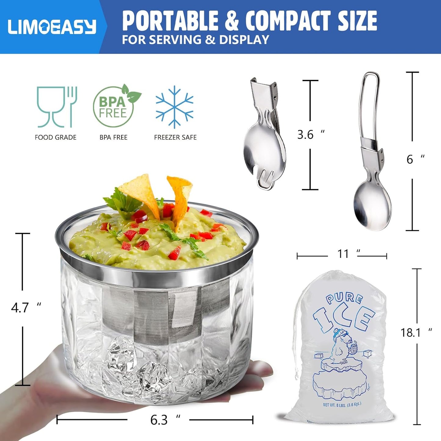 LIMOEASY Chilled Dip Bowl (4 Pack), 25oz Ice Serving Bowl with Lid for Parties, Cold Serving Dish for Hummus, Salsa, Guacamole, Sauces, Pasta