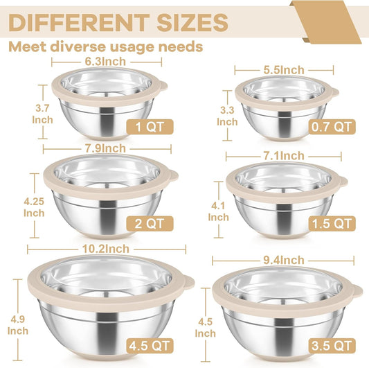 TeamFar Mixing Bowls Set of 6, Stainless Steel Salad Mixing Bowls with Visible Lids, Metal Nesting for Mixing Serving Prepping, Non-Slip & Airtight, 4.6/3.5/2/1.5/1/0.7 QT, Khaki